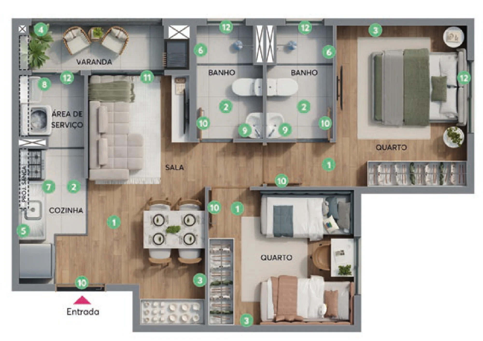 Planta Apartamento com suíte e sacada - Apto. final 02 - Torre 01 do Residencial Le Ciel