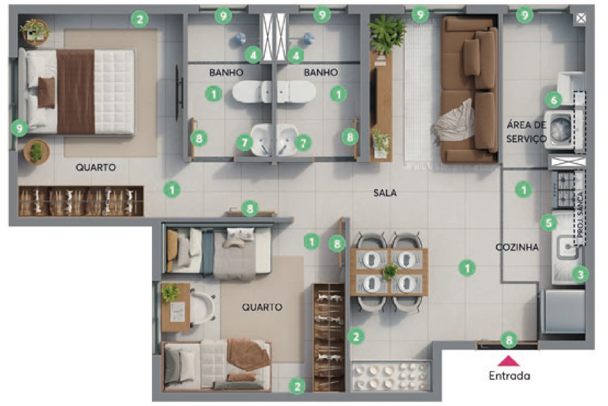 Planta Apartamento térreo com suíte - Apto. final 12 - Torre 01 do Residencial Le Ciel