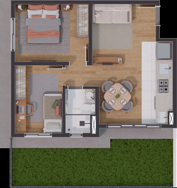 Planta Tipo Garden 40,47m² do Residencial Mirantti