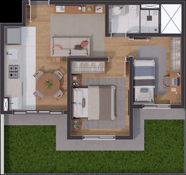 Planta Tipo Garden 41,02m² do Residencial Mirantti