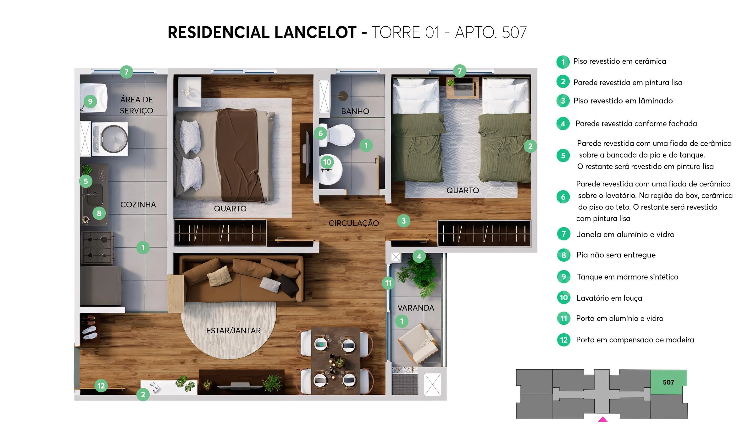 Planta Apto. 507 - Torre 1 do Residencial Lancelot