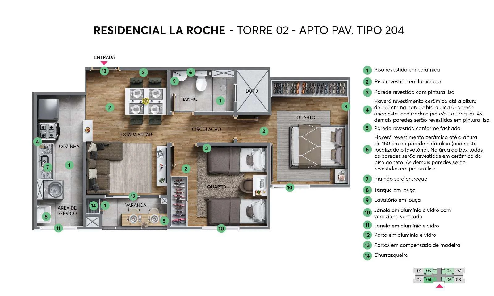 Planta Apto. Pav. Tipo 204 do Residencial La Roche