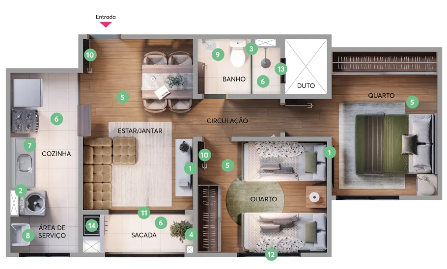Planta Apto. 204 - Torre 01 do Residencial Linz