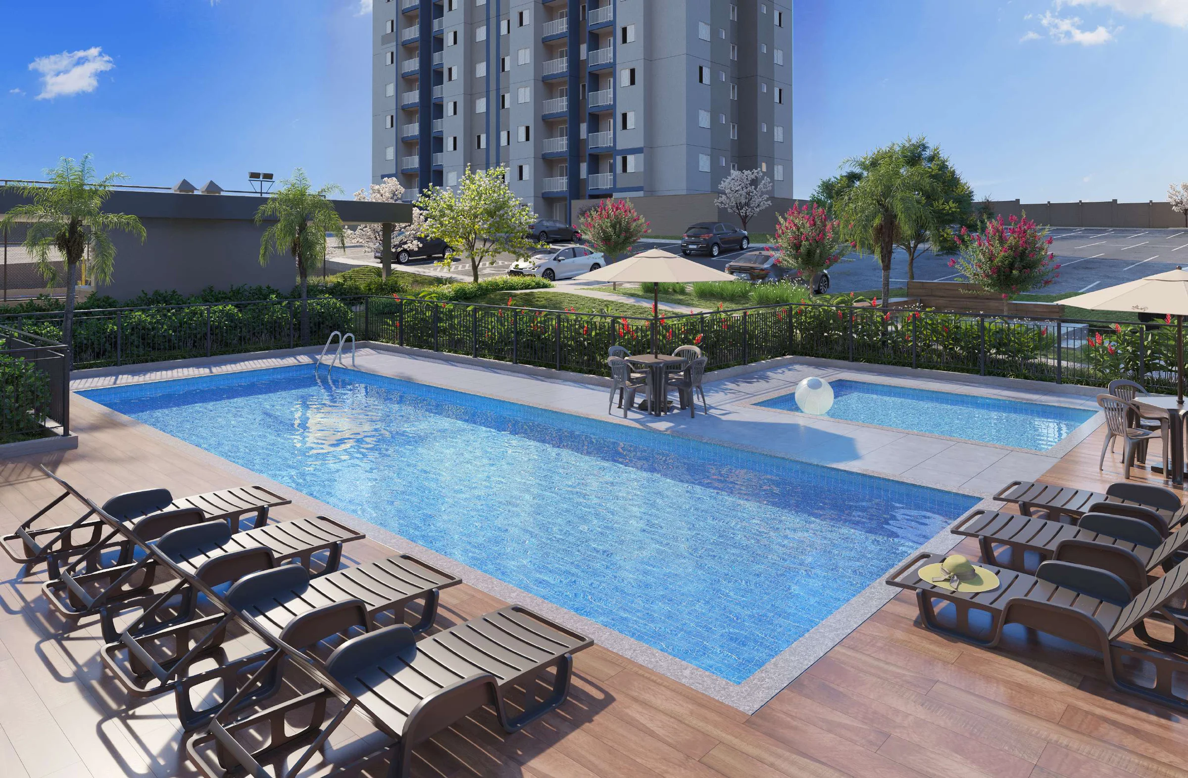 Piscinas adulto e infantil com solarium