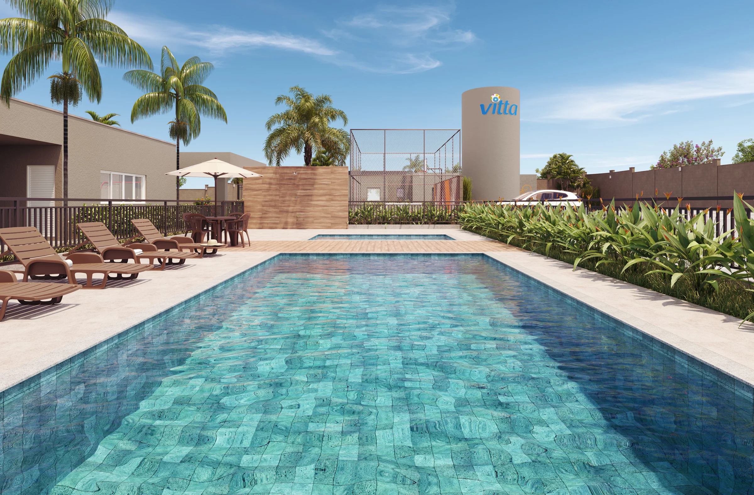 Piscinas adulto e infantil com solarium